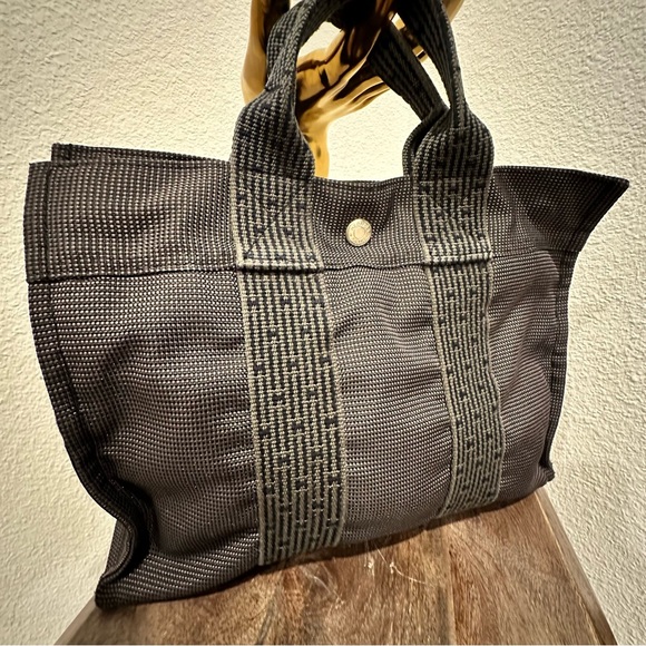 Hermes Handbag Tote PM Yell Line Canvas Gray  HERMES Authentic!!! - Picture 10 of 17